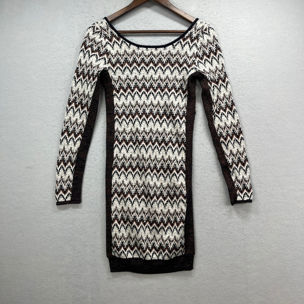 Free People Sweater Dress Women M Black Cream Brown Geometric Knit‎ Metallic